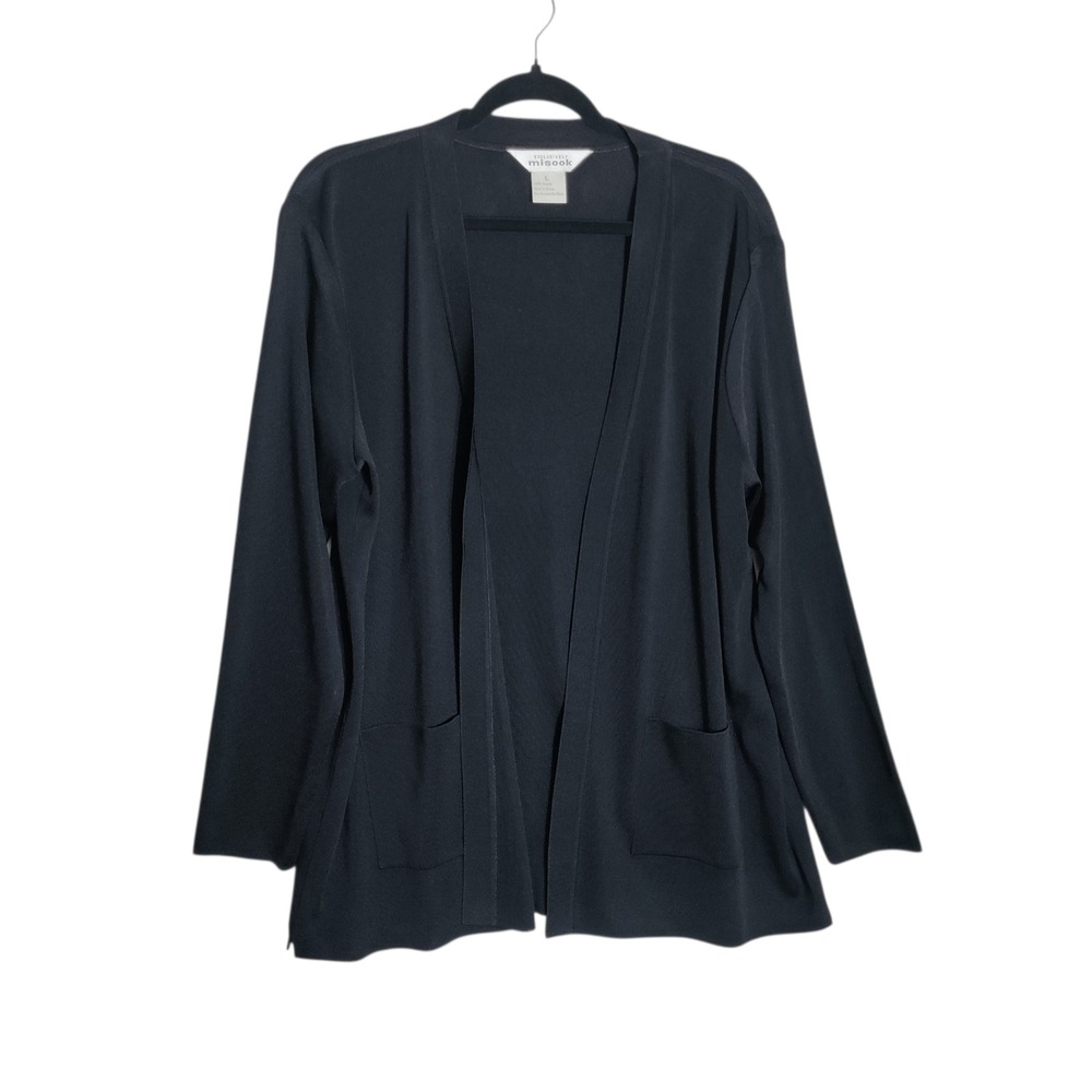 Exclusively Misook Black Open‎ Front Cardigan Sweater Knit Pocket Large